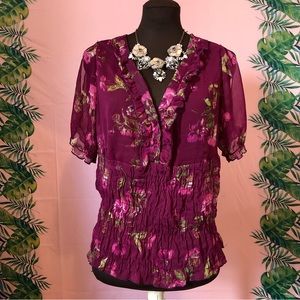 L8teR Sheer Burgundy Floral Top With Ruffled Collar And Sleeves